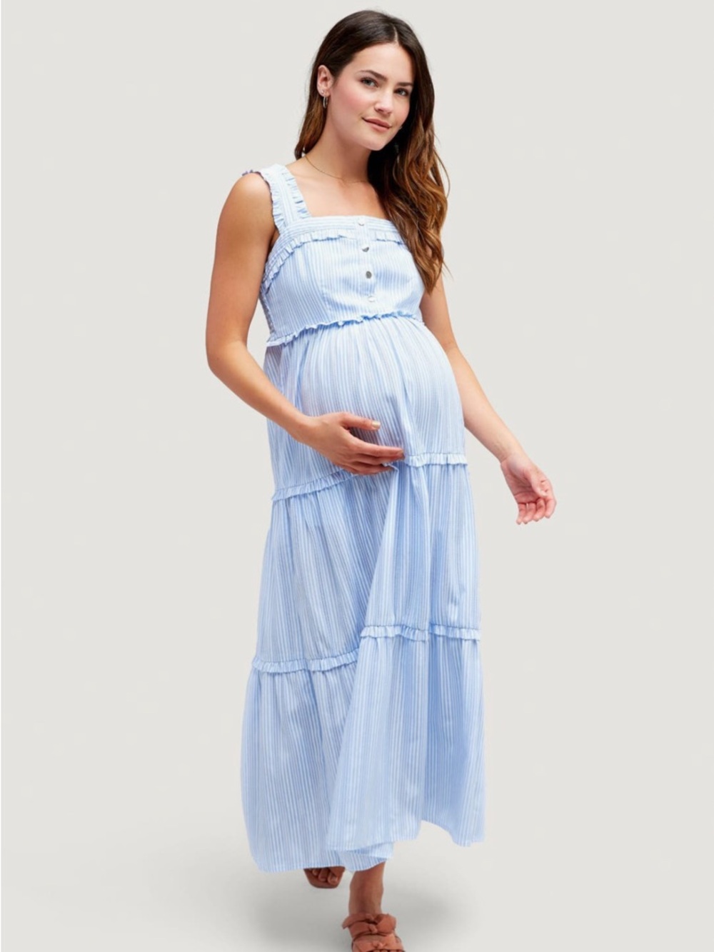 NOM Maternity Emma Maternity & Nursing Maxi Dress, Sky Stripe, Size Medium
